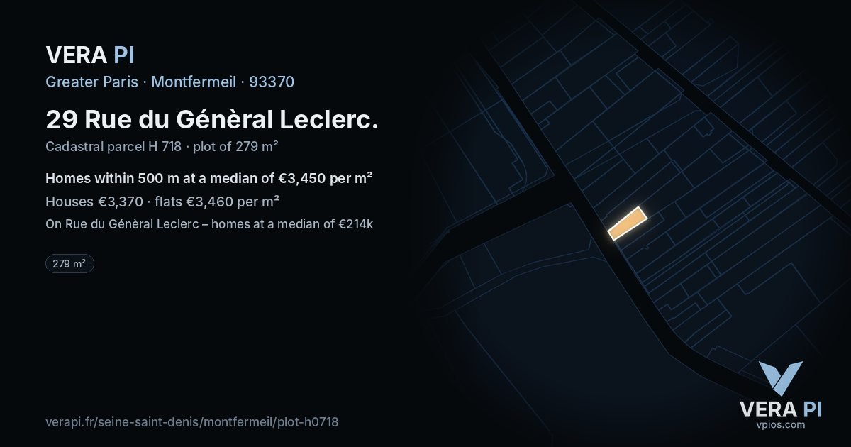 29 Rue du Génèral Leclerc, Montfermeil at night – the plot lit, the parcels around coloured by the prices near them