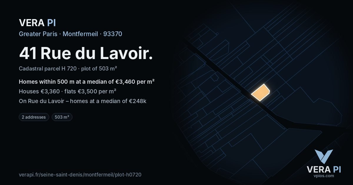 41 Rue du Lavoir, Montfermeil at night – the plot lit, the parcels around coloured by the prices near them