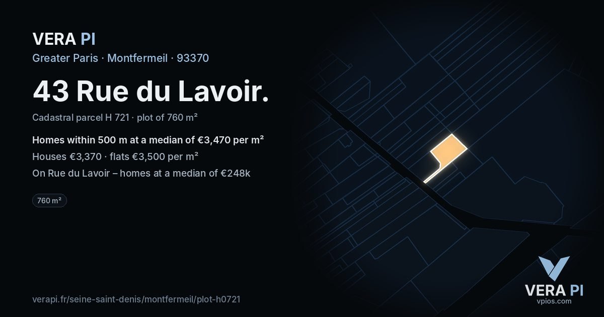 43 Rue du Lavoir, Montfermeil at night – the plot lit, the parcels around coloured by the prices near them