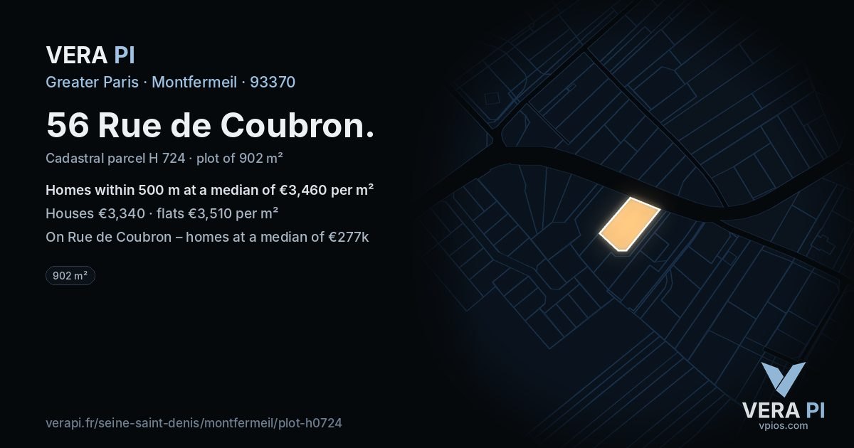 56 Rue de Coubron, Montfermeil at night – the plot lit, the parcels around coloured by the prices near them
