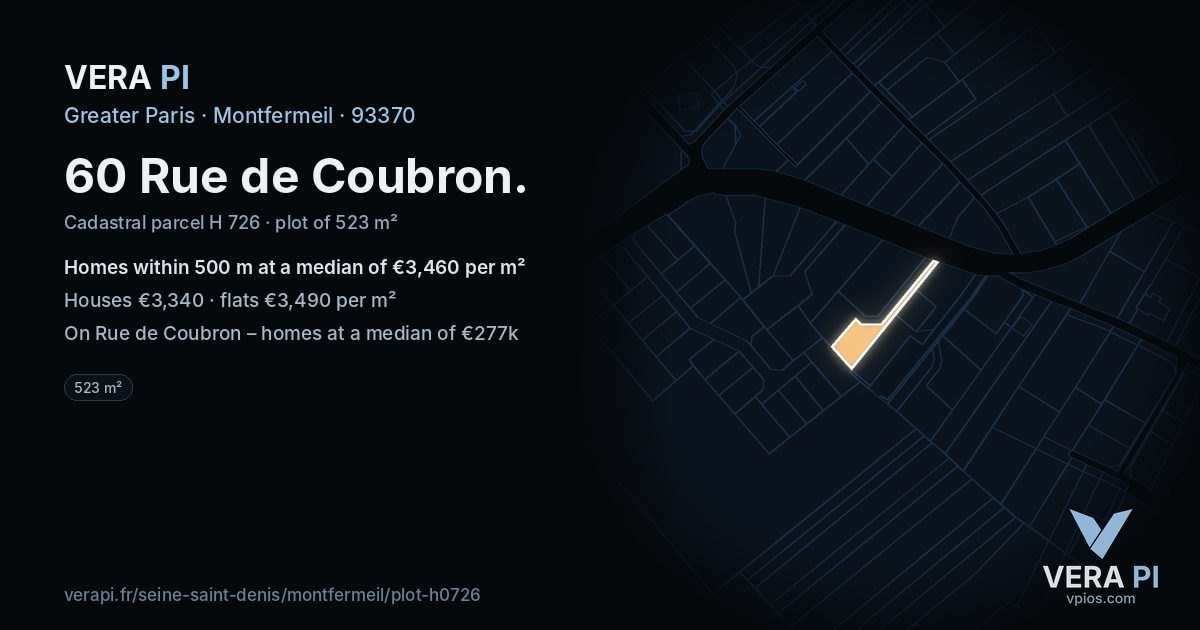 60 Rue de Coubron, Montfermeil at night – the plot lit, the parcels around coloured by the prices near them
