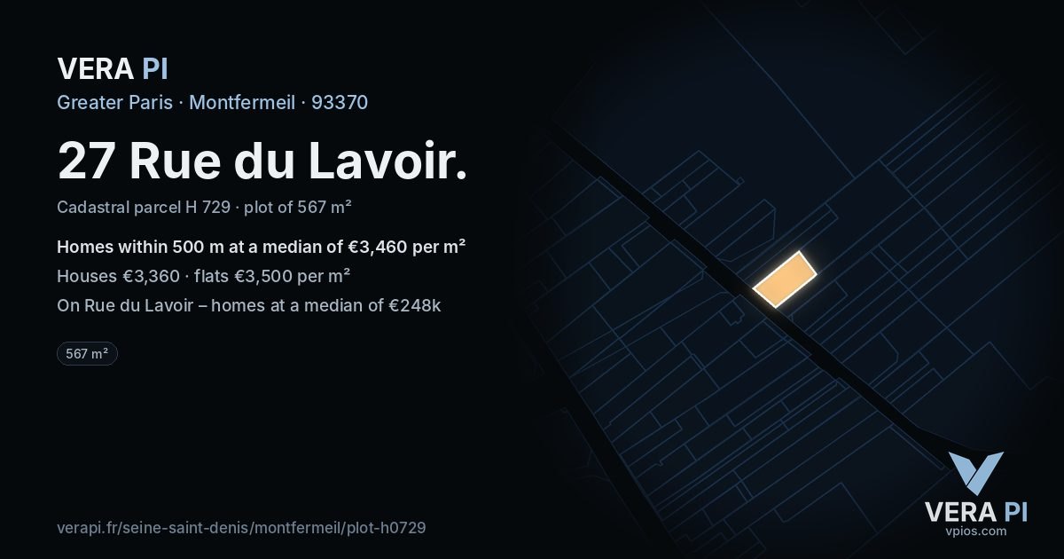 27 Rue du Lavoir, Montfermeil at night – the plot lit, the parcels around coloured by the prices near them