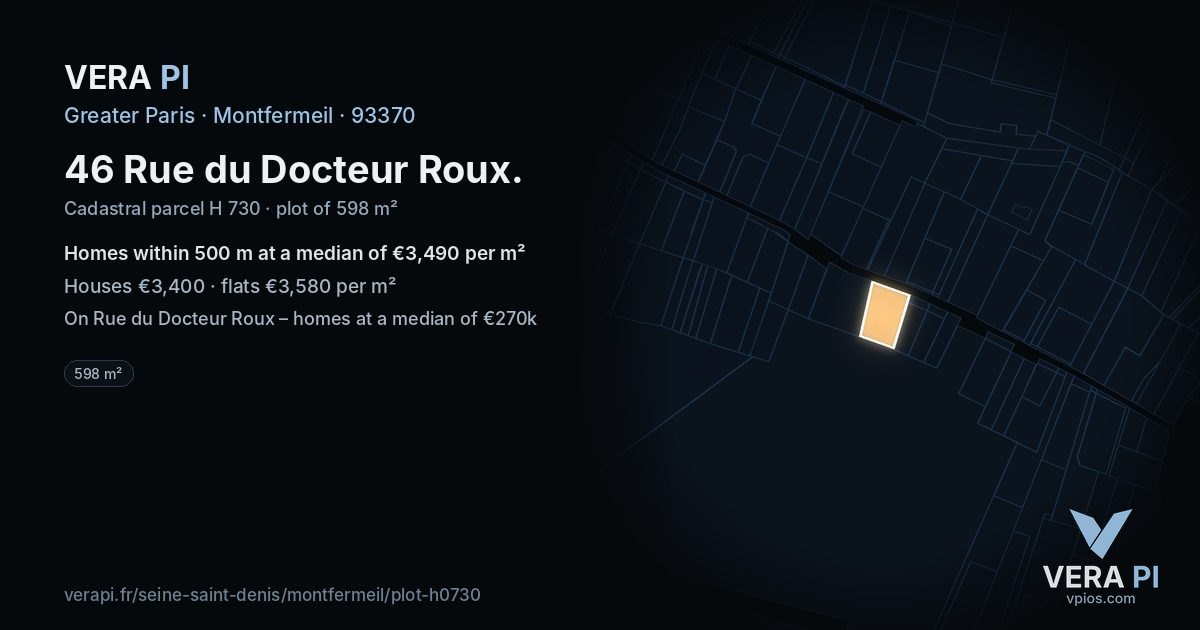 46 Rue du Docteur Roux, Montfermeil at night – the plot lit, the parcels around coloured by the prices near them