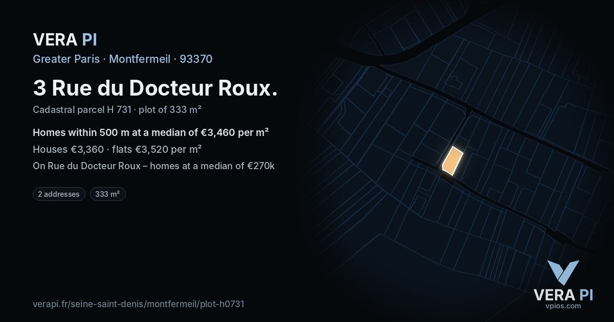 3 Rue du Docteur Roux, Montfermeil at night – the plot lit, the parcels around coloured by the prices near them