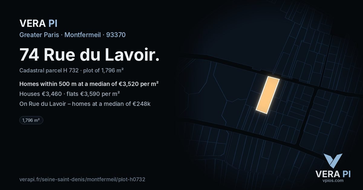 74 Rue du Lavoir, Montfermeil at night – the plot lit, the parcels around coloured by the prices near them
