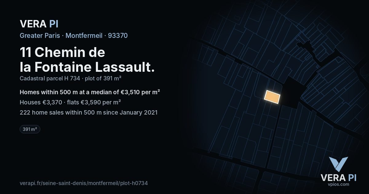 11 Chemin de la Fontaine Lassault, Montfermeil at night – the plot lit, the parcels around coloured by the prices near them