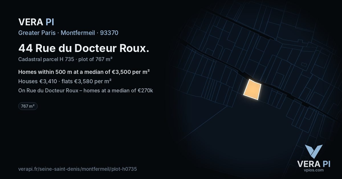 44 Rue du Docteur Roux, Montfermeil at night – the plot lit, the parcels around coloured by the prices near them