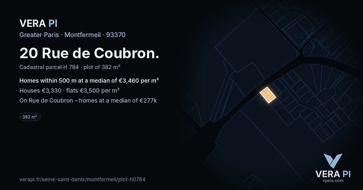 20 Rue de Coubron, Montfermeil at night – the plot lit, the parcels around coloured by the prices near them