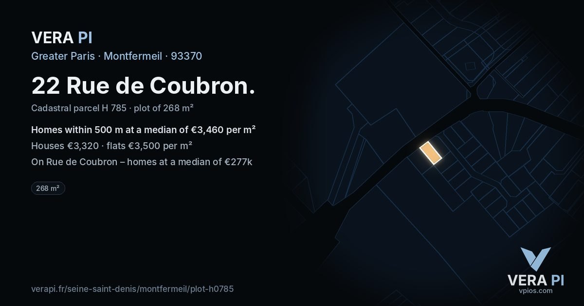 22 Rue de Coubron, Montfermeil at night – the plot lit, the parcels around coloured by the prices near them