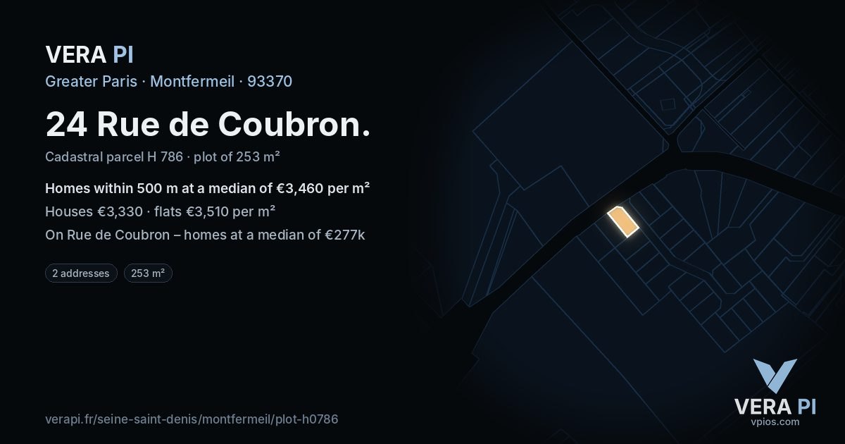 24 Rue de Coubron, Montfermeil at night – the plot lit, the parcels around coloured by the prices near them