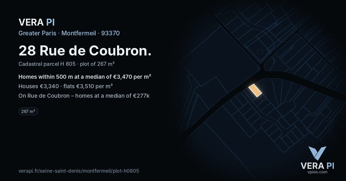 28 Rue de Coubron, Montfermeil at night – the plot lit, the parcels around coloured by the prices near them