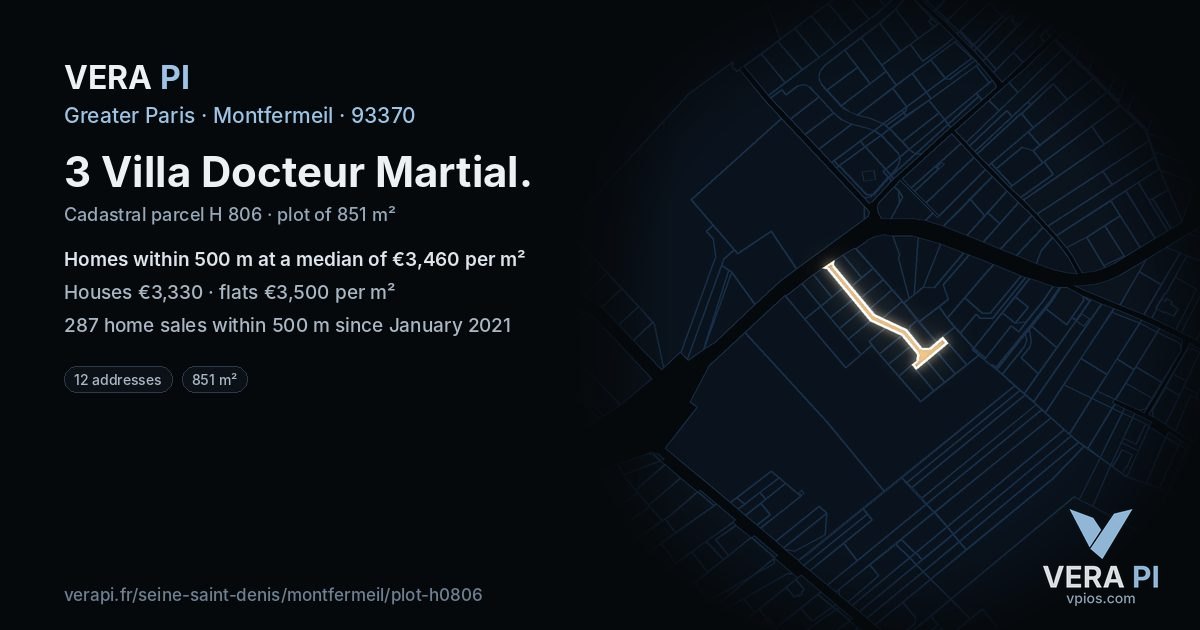 3 Villa Docteur Martial, Montfermeil at night – the plot lit, the parcels around coloured by the prices near them