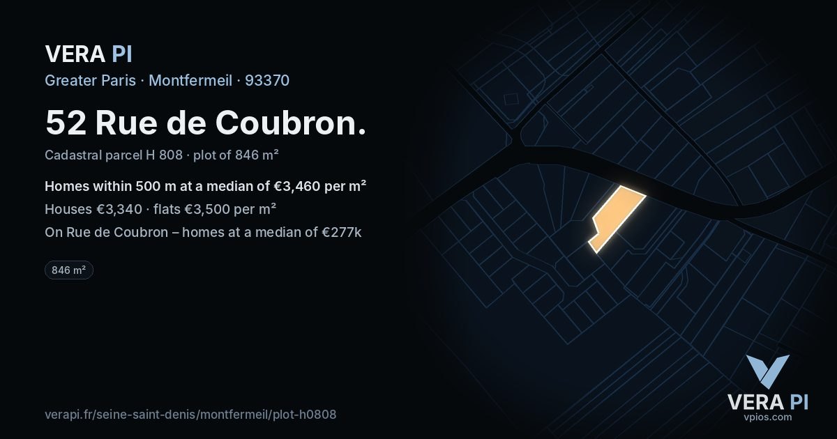 52 Rue de Coubron, Montfermeil at night – the plot lit, the parcels around coloured by the prices near them