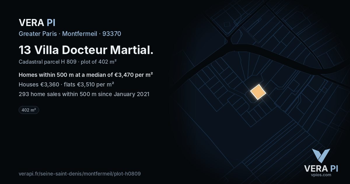 13 Villa Docteur Martial, Montfermeil at night – the plot lit, the parcels around coloured by the prices near them