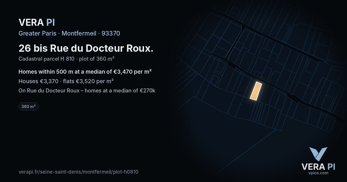 26 bis Rue du Docteur Roux, Montfermeil at night – the plot lit, the parcels around coloured by the prices near them