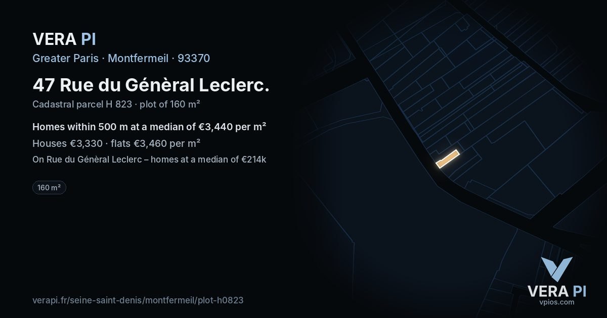 47 Rue du Génèral Leclerc, Montfermeil at night – the plot lit, the parcels around coloured by the prices near them
