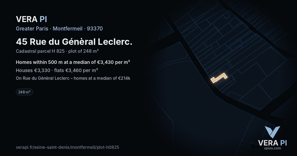 45 Rue du Génèral Leclerc, Montfermeil at night – the plot lit, the parcels around coloured by the prices near them