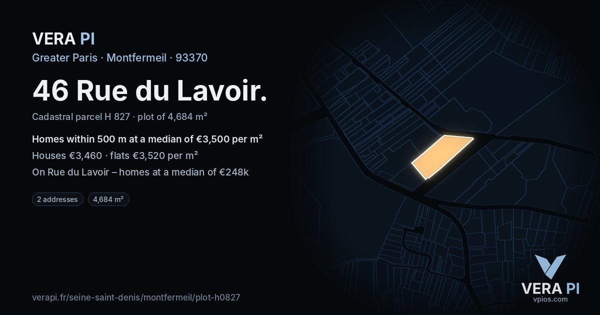 46 Rue du Lavoir, Montfermeil at night – the plot lit, the parcels around coloured by the prices near them