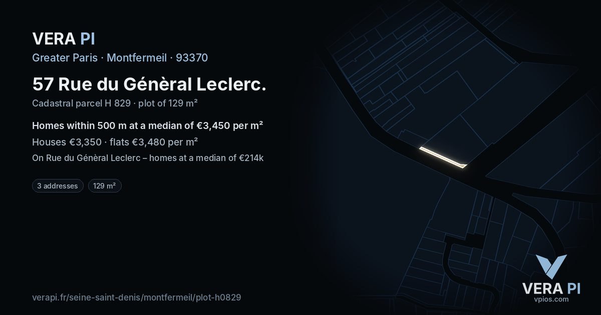 57 Rue du Génèral Leclerc, Montfermeil at night – the plot lit, the parcels around coloured by the prices near them