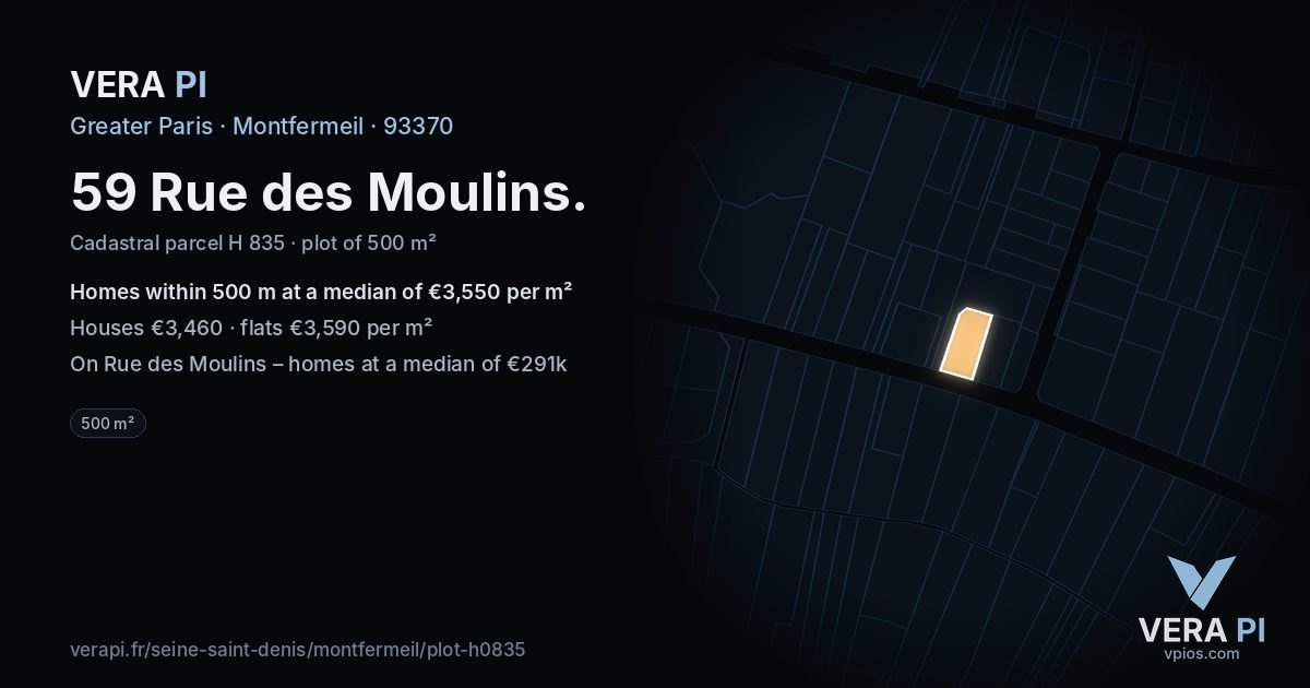 59 Rue des Moulins, Montfermeil at night – the plot lit, the parcels around coloured by the prices near them