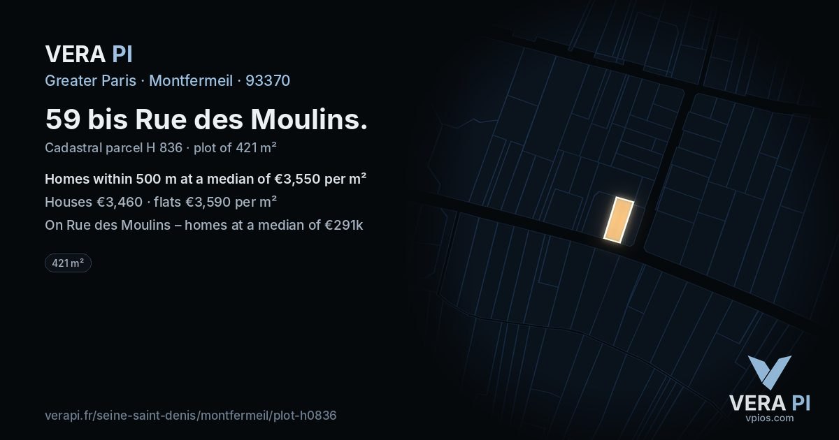 59 bis Rue des Moulins, Montfermeil at night – the plot lit, the parcels around coloured by the prices near them