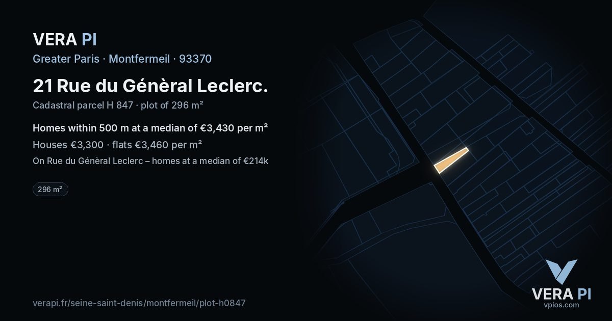 21 Rue du Génèral Leclerc, Montfermeil at night – the plot lit, the parcels around coloured by the prices near them