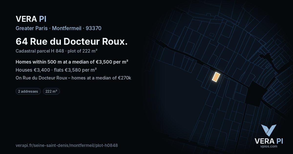 64 Rue du Docteur Roux, Montfermeil at night – the plot lit, the parcels around coloured by the prices near them