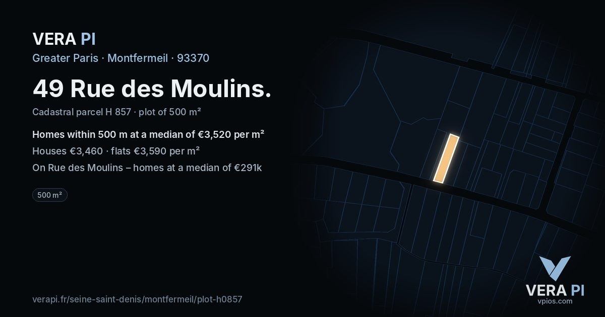 49 Rue des Moulins, Montfermeil at night – the plot lit, the parcels around coloured by the prices near them