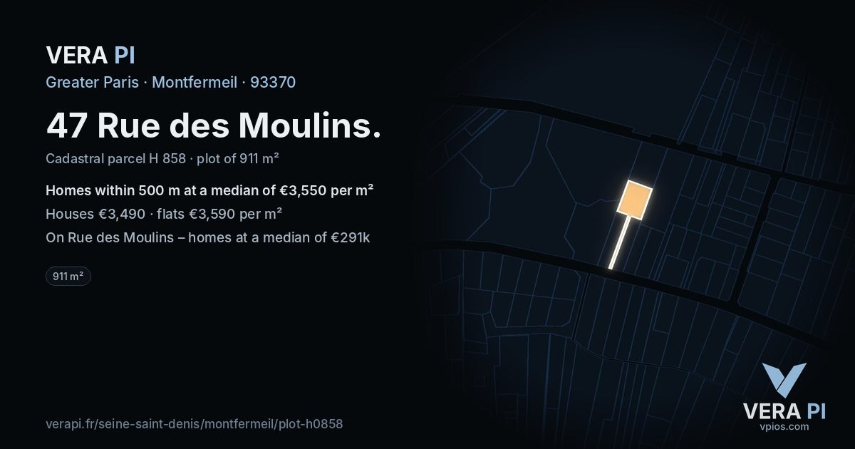 47 Rue des Moulins, Montfermeil at night – the plot lit, the parcels around coloured by the prices near them