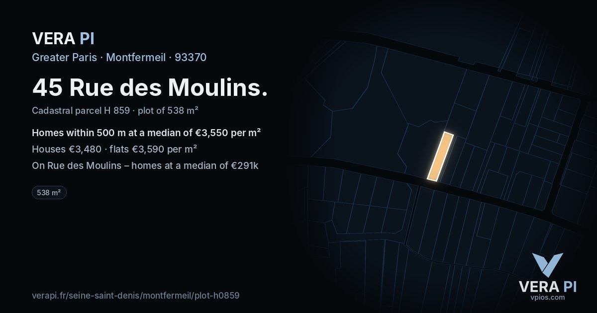 45 Rue des Moulins, Montfermeil at night – the plot lit, the parcels around coloured by the prices near them
