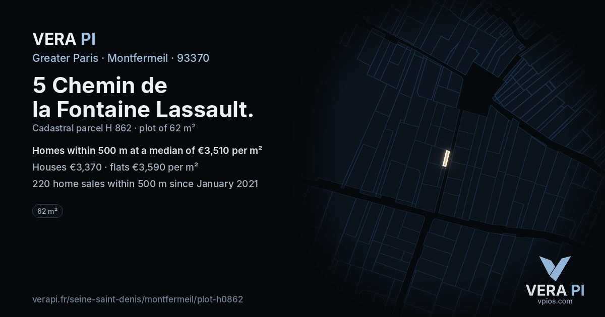 5 Chemin de la Fontaine Lassault, Montfermeil at night – the plot lit, the parcels around coloured by the prices near them