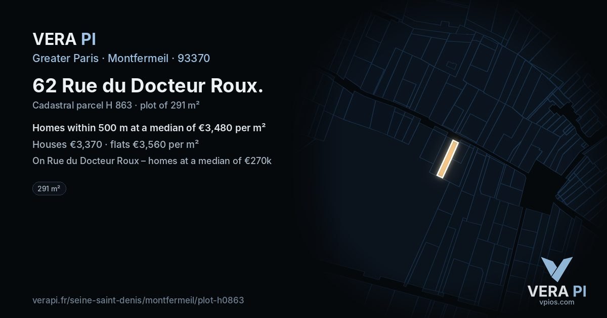 62 Rue du Docteur Roux, Montfermeil at night – the plot lit, the parcels around coloured by the prices near them
