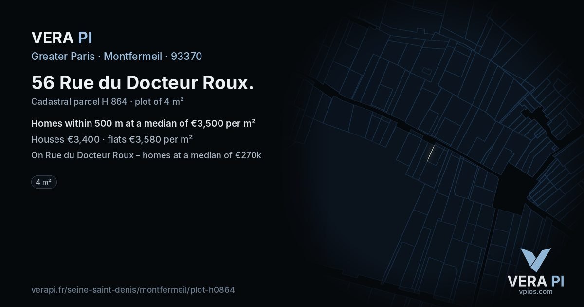 56 Rue du Docteur Roux, Montfermeil at night – the plot lit, the parcels around coloured by the prices near them