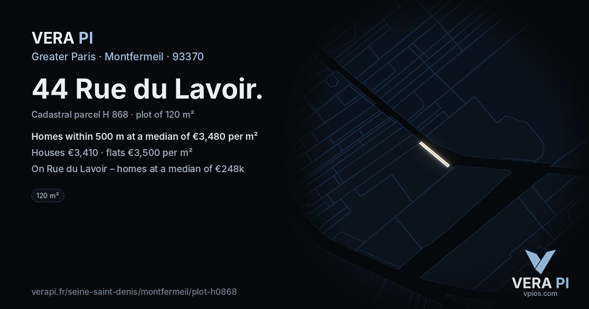 44 Rue du Lavoir, Montfermeil at night – the plot lit, the parcels around coloured by the prices near them
