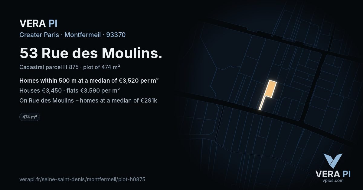 53 Rue des Moulins, Montfermeil at night – the plot lit, the parcels around coloured by the prices near them