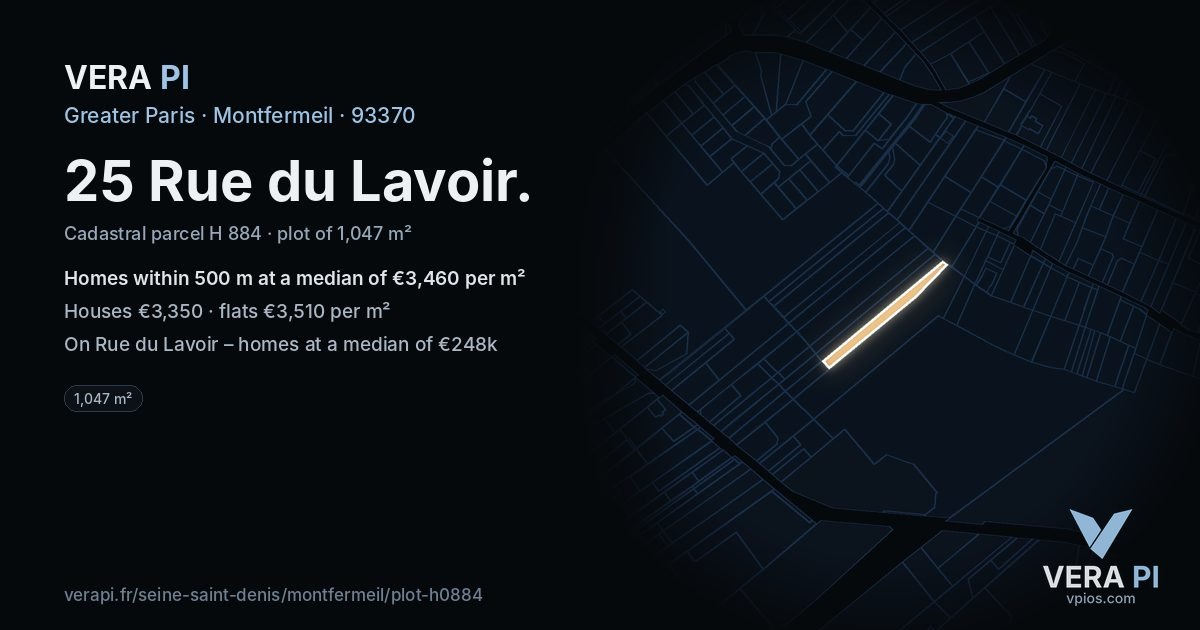 25 Rue du Lavoir, Montfermeil at night – the plot lit, the parcels around coloured by the prices near them