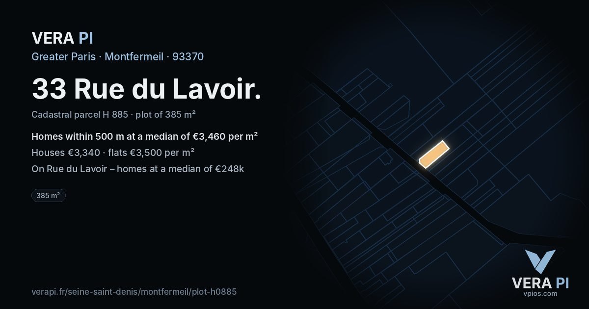 33 Rue du Lavoir, Montfermeil at night – the plot lit, the parcels around coloured by the prices near them