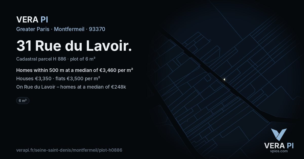 31 Rue du Lavoir, Montfermeil at night – the plot lit, the parcels around coloured by the prices near them