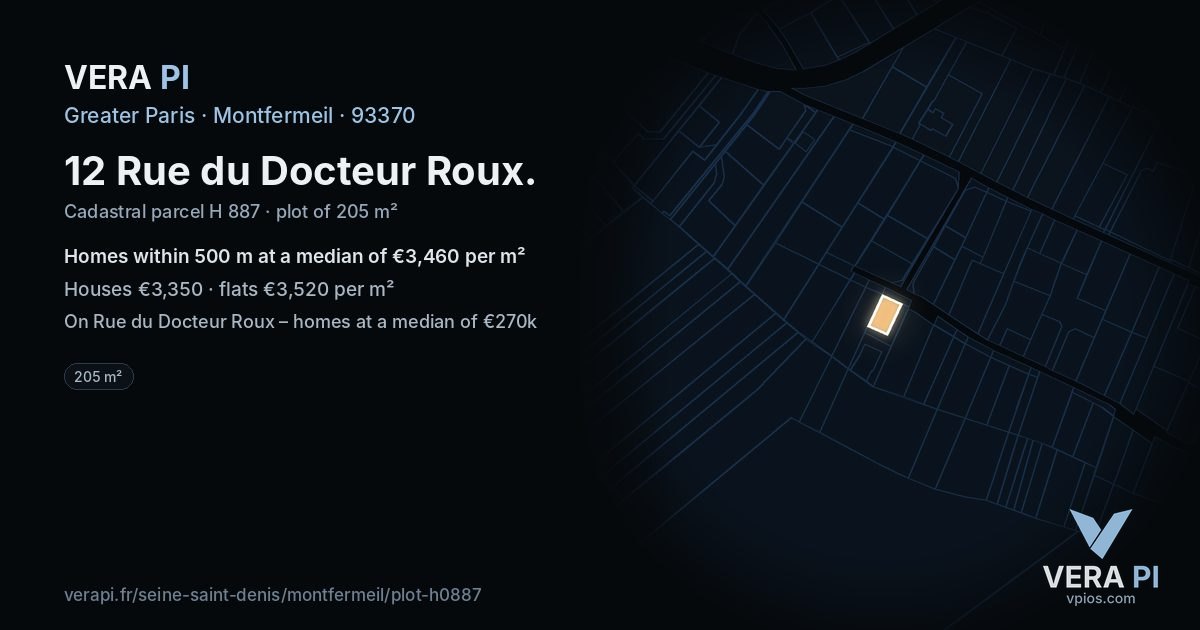 12 Rue du Docteur Roux, Montfermeil at night – the plot lit, the parcels around coloured by the prices near them