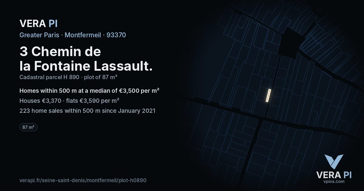 3 Chemin de la Fontaine Lassault, Montfermeil at night – the plot lit, the parcels around coloured by the prices near them