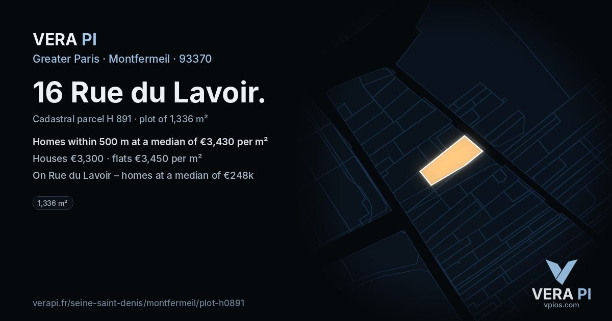 16 Rue du Lavoir, Montfermeil at night – the plot lit, the parcels around coloured by the prices near them