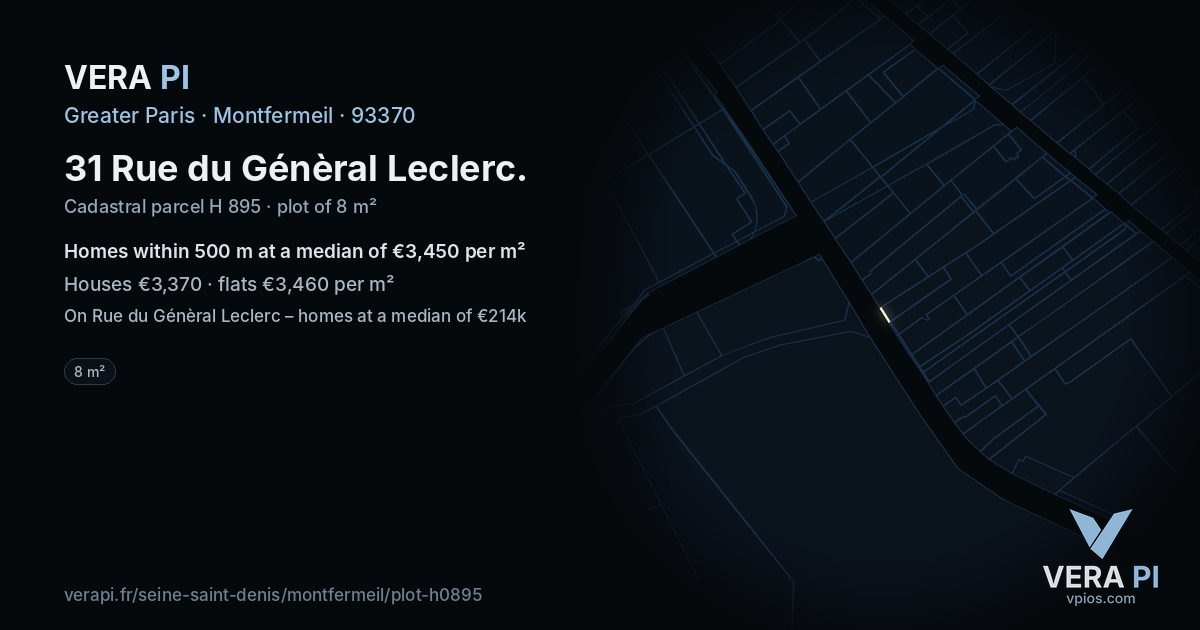 31 Rue du Génèral Leclerc, Montfermeil at night – the plot lit, the parcels around coloured by the prices near them