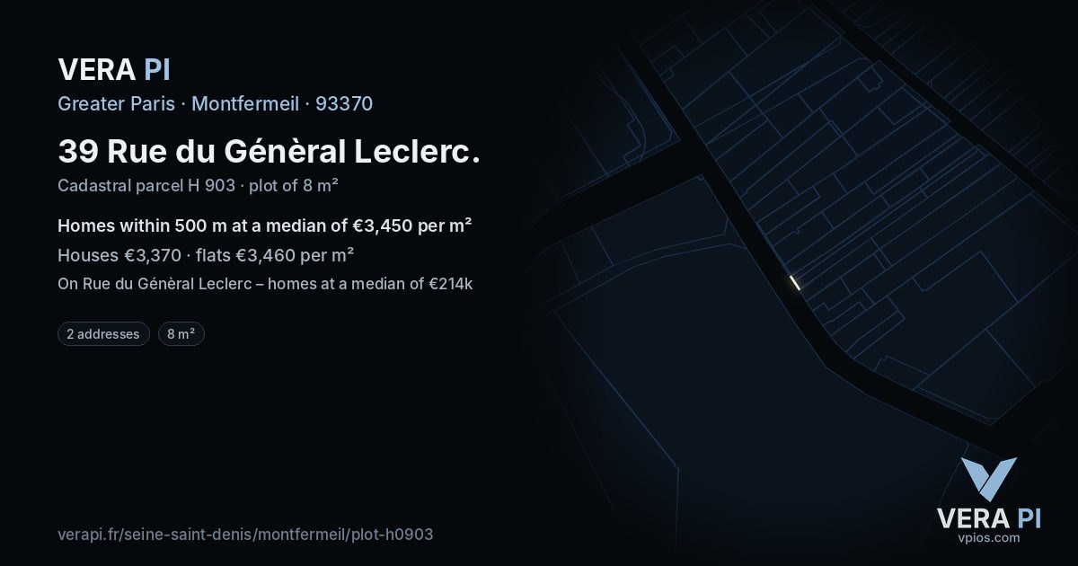 39 Rue du Génèral Leclerc, Montfermeil at night – the plot lit, the parcels around coloured by the prices near them