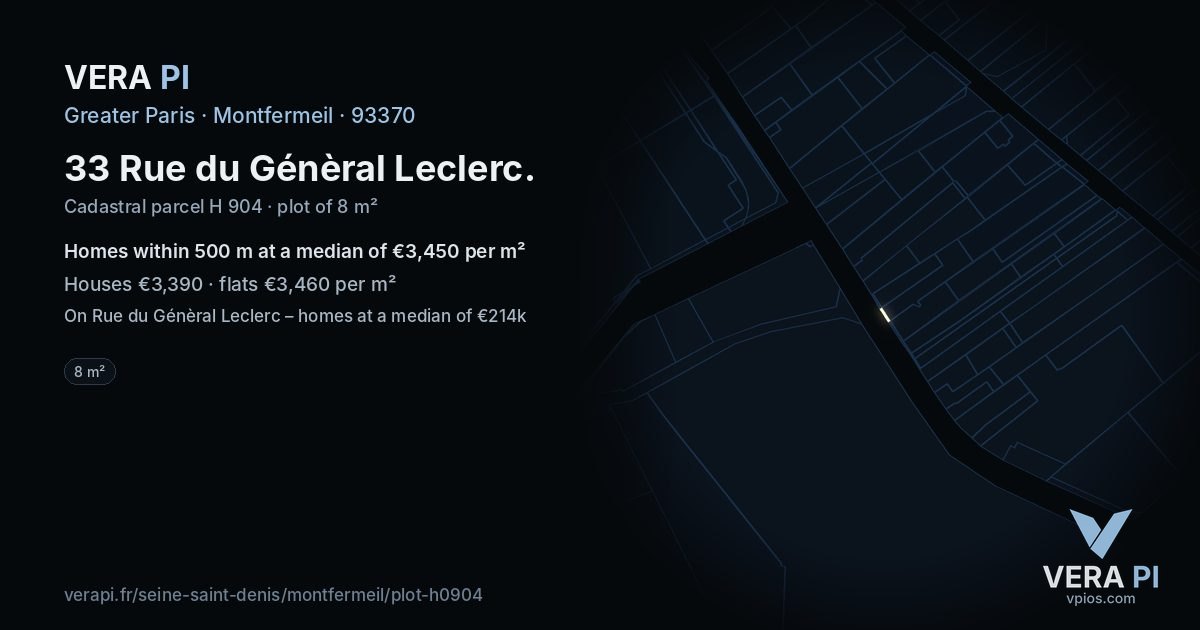 33 Rue du Génèral Leclerc, Montfermeil at night – the plot lit, the parcels around coloured by the prices near them