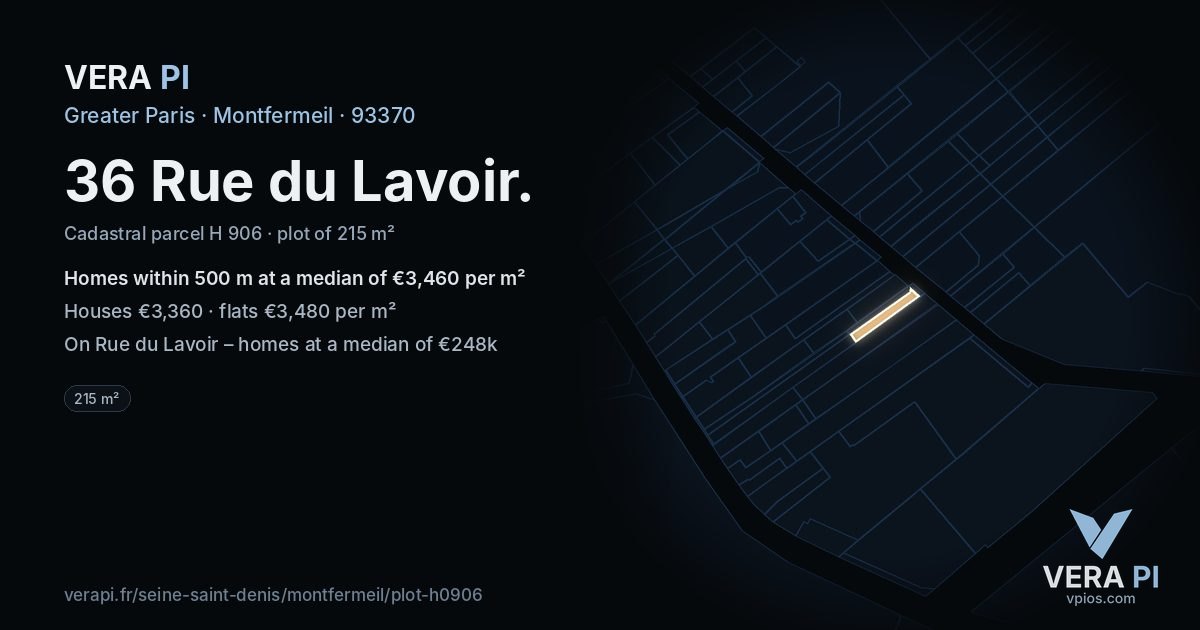 36 Rue du Lavoir, Montfermeil at night – the plot lit, the parcels around coloured by the prices near them