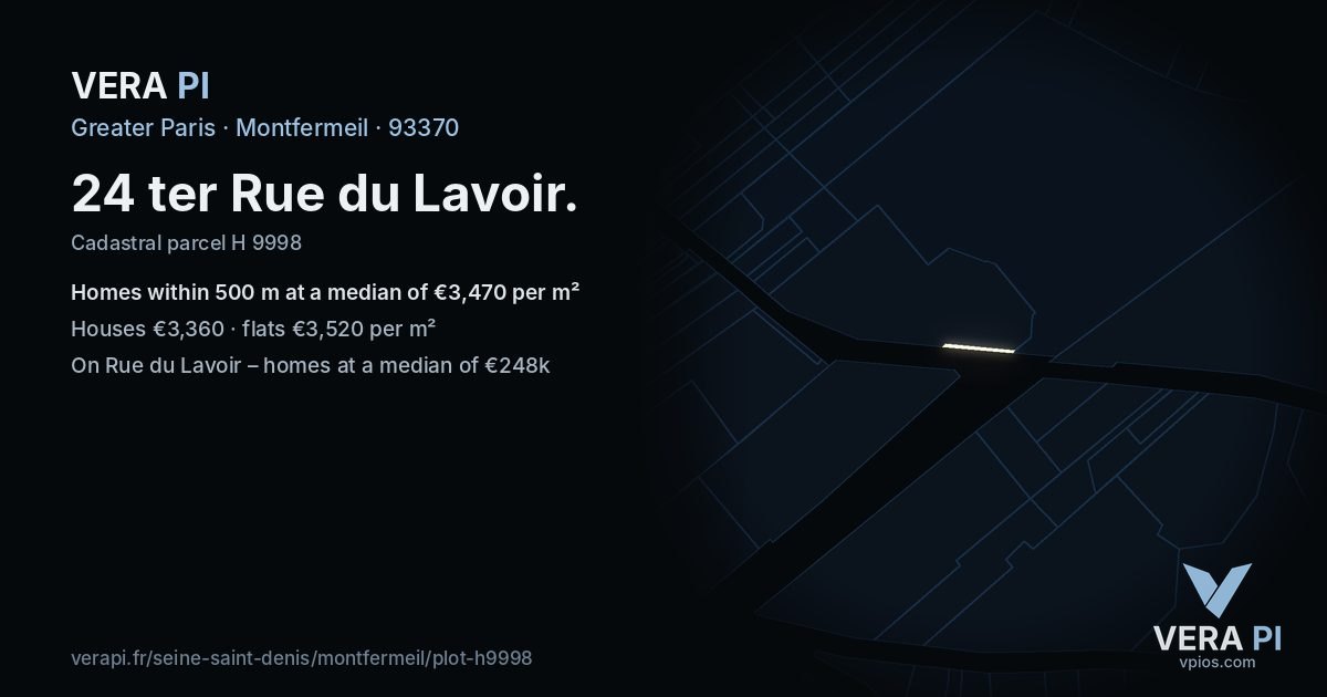 24 ter Rue du Lavoir, Montfermeil at night – the plot lit, the parcels around coloured by the prices near them
