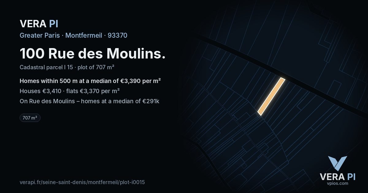 100 Rue des Moulins, Montfermeil at night – the plot lit, the parcels around coloured by the prices near them