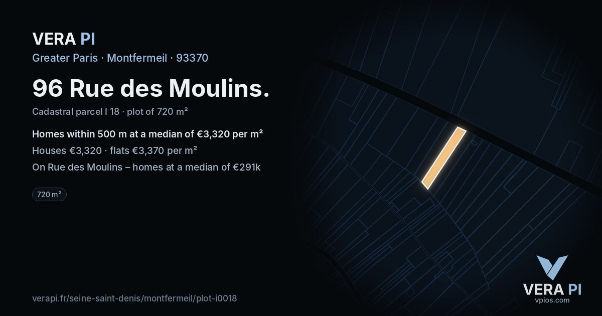 96 Rue des Moulins, Montfermeil at night – the plot lit, the parcels around coloured by the prices near them