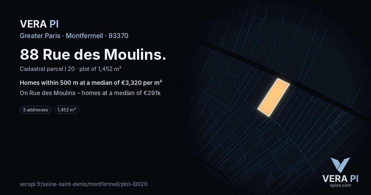 88 Rue des Moulins, Montfermeil at night – the plot lit, the parcels around coloured by the prices near them