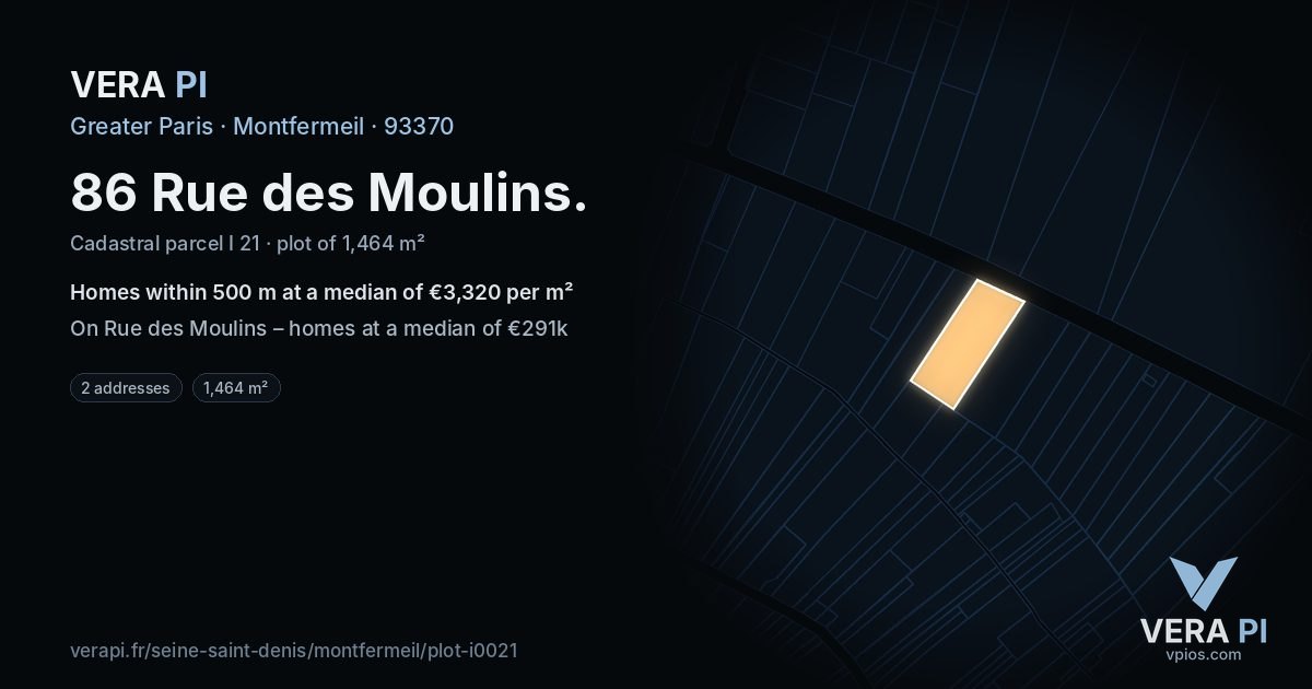 86 Rue des Moulins, Montfermeil at night – the plot lit, the parcels around coloured by the prices near them